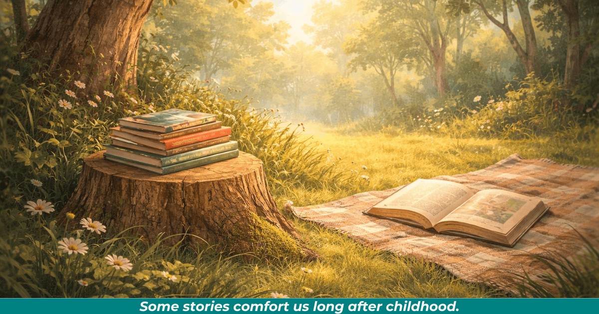 A stack of children’s books resting in a sunlit woodland clearing, symbolizing timeless comfort stories.