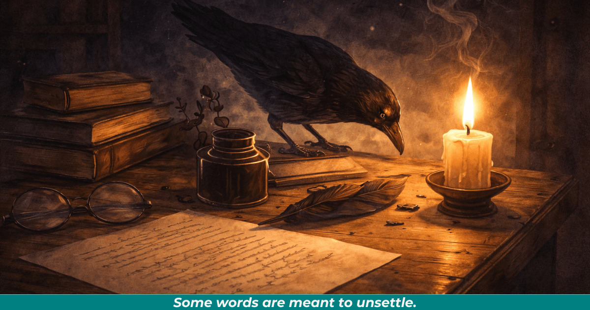 A dark, atmospheric writing desk inspired by Edgar Allan Poe’s gothic style.