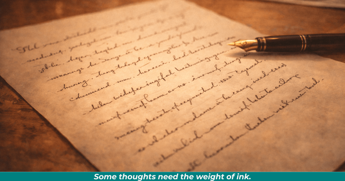 Handwritten text and pen symbolizing personal expression and identity.