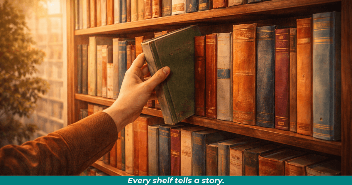 A well-loved bookshelf filled with books, symbolizing personal and public libraries.