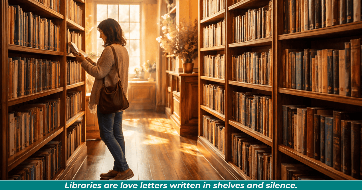 A sunlit library aisle with bookshelves and a reader, symbolizing appreciation for libraries.