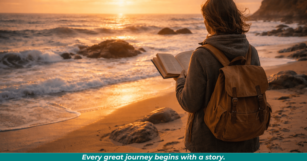 A solitary reader by the sea, symbolizing literary adventure and survival stories.