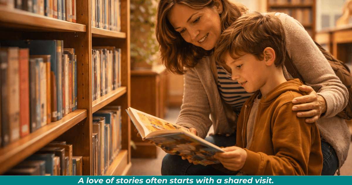 An adult and child exploring books together in a library.