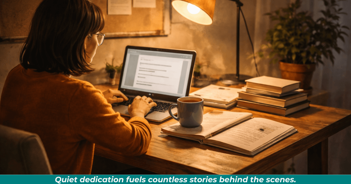 A freelance writer working quietly at a desk with notes and a laptop under warm light.