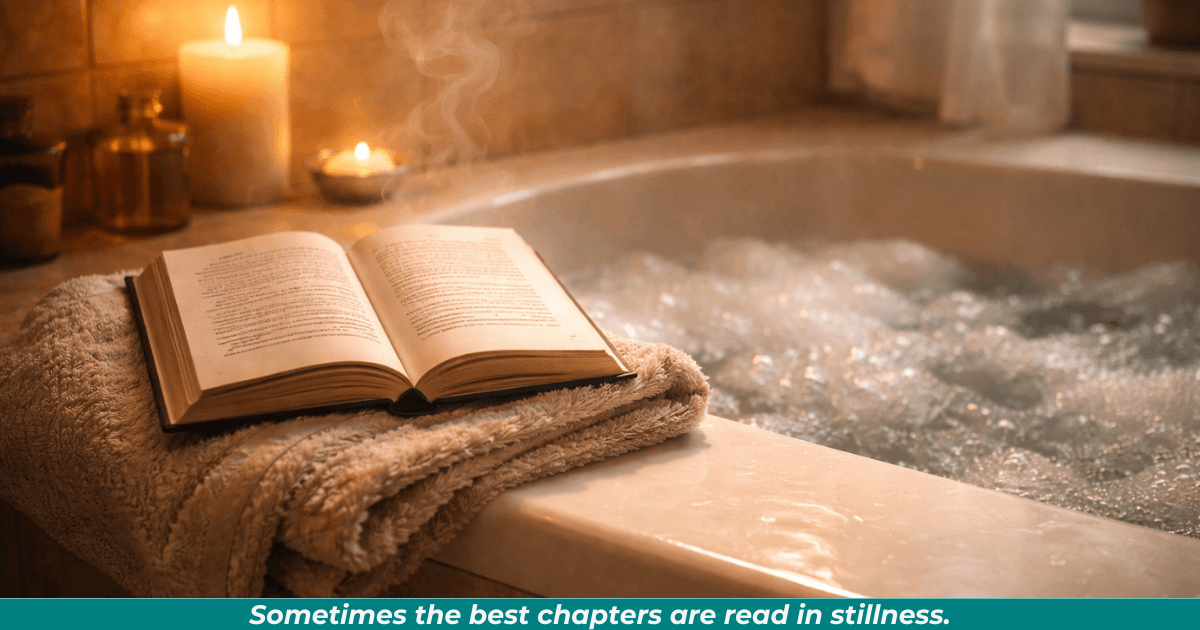 A book beside a candlelit bathtub, symbolizing peaceful reading and relaxation.