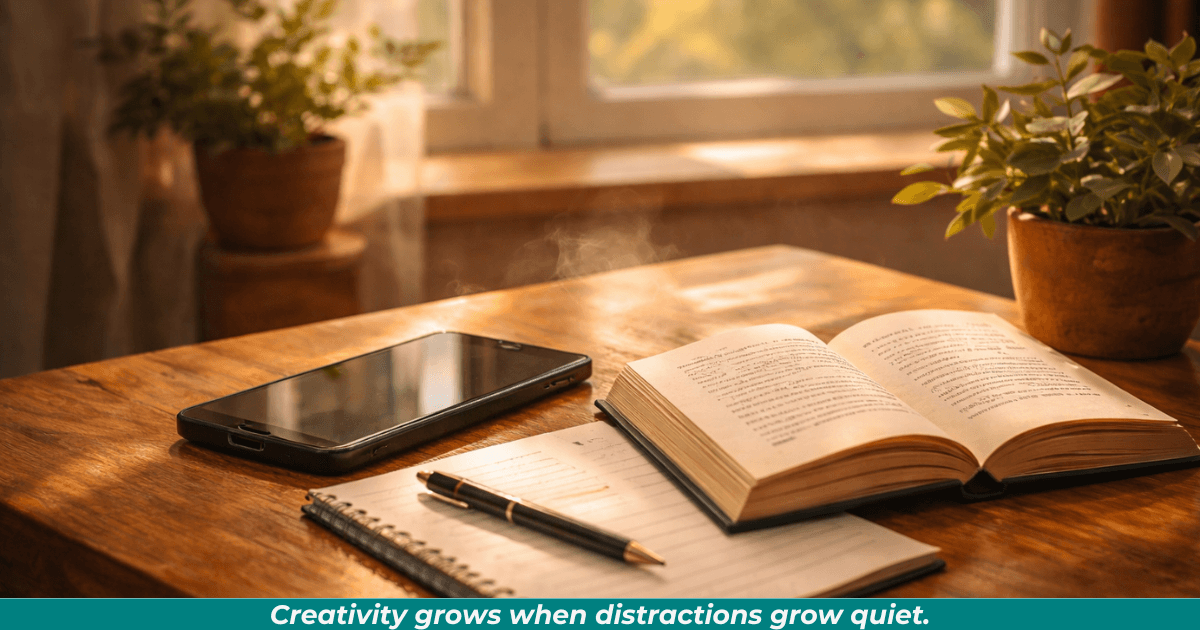A phone turned face-down beside a book and notebook near a sunny window, symbolizing unplugging.