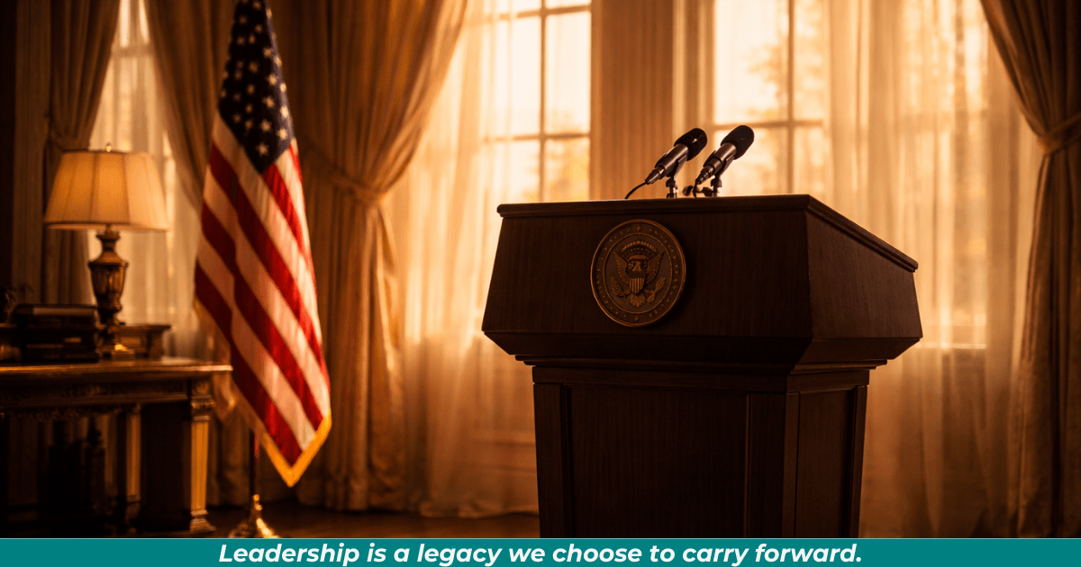 An empty podium with an American flag behind it in soft light, symbolizing leadership and responsibility.
