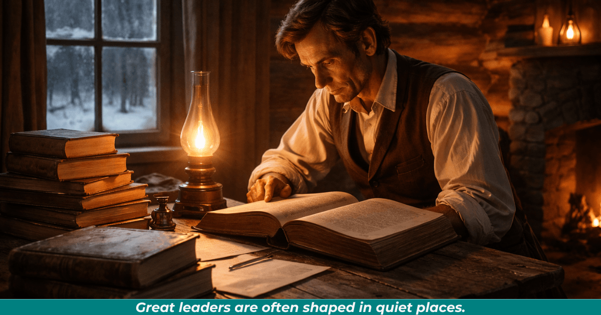 A young man studying by lamplight in a cabin, symbolizing Lincoln’s early self-education.