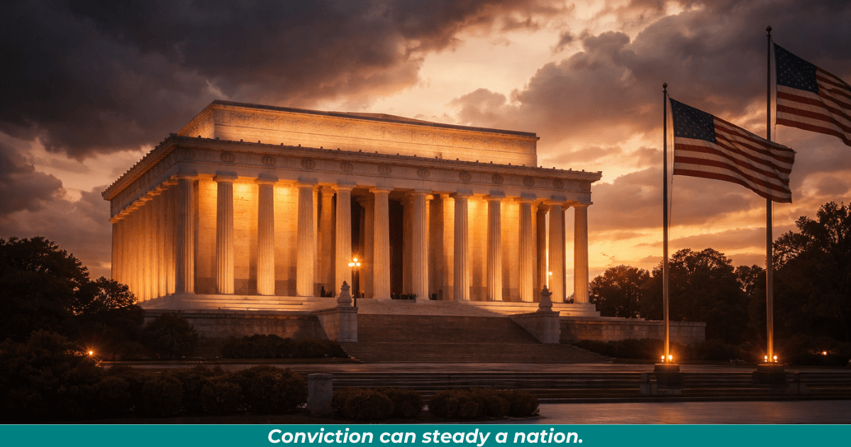 The Lincoln Memorial at dusk symbolizing leadership during national struggle.