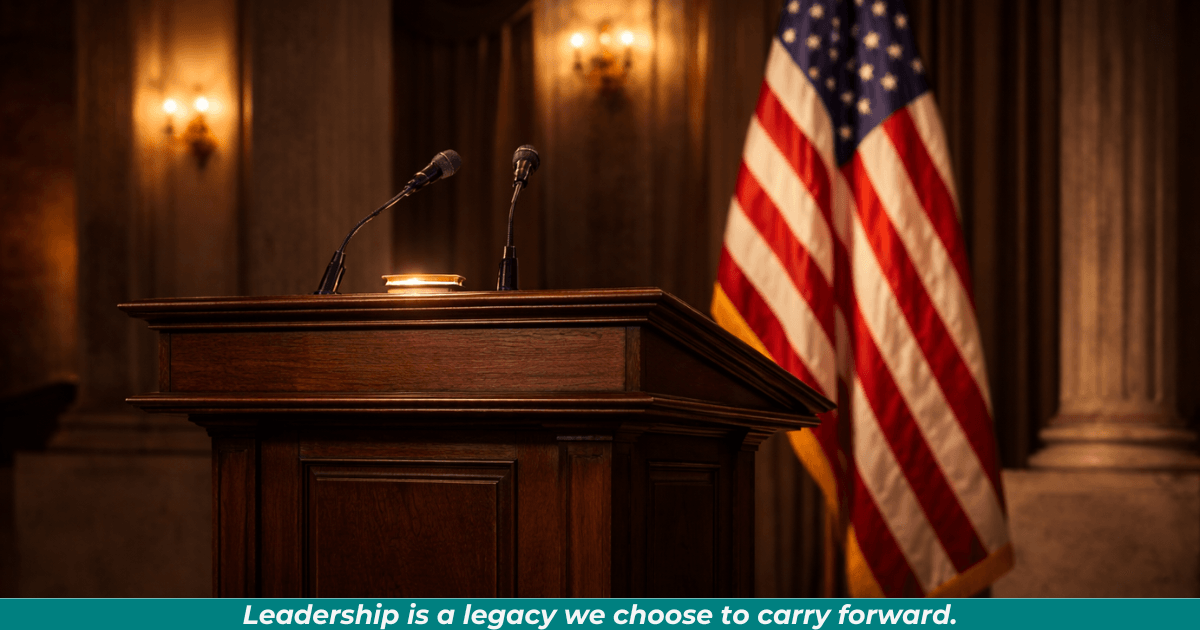 An empty podium with American flag symbolizing leadership responsibility.