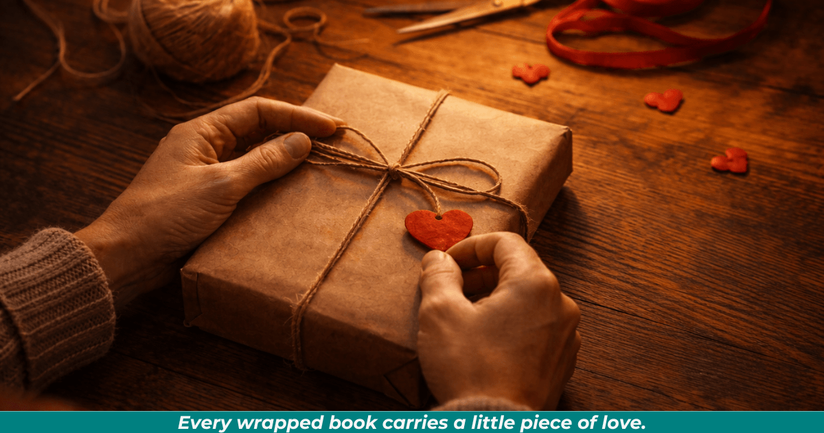 Hands wrapping a book as a gift on a wooden table.