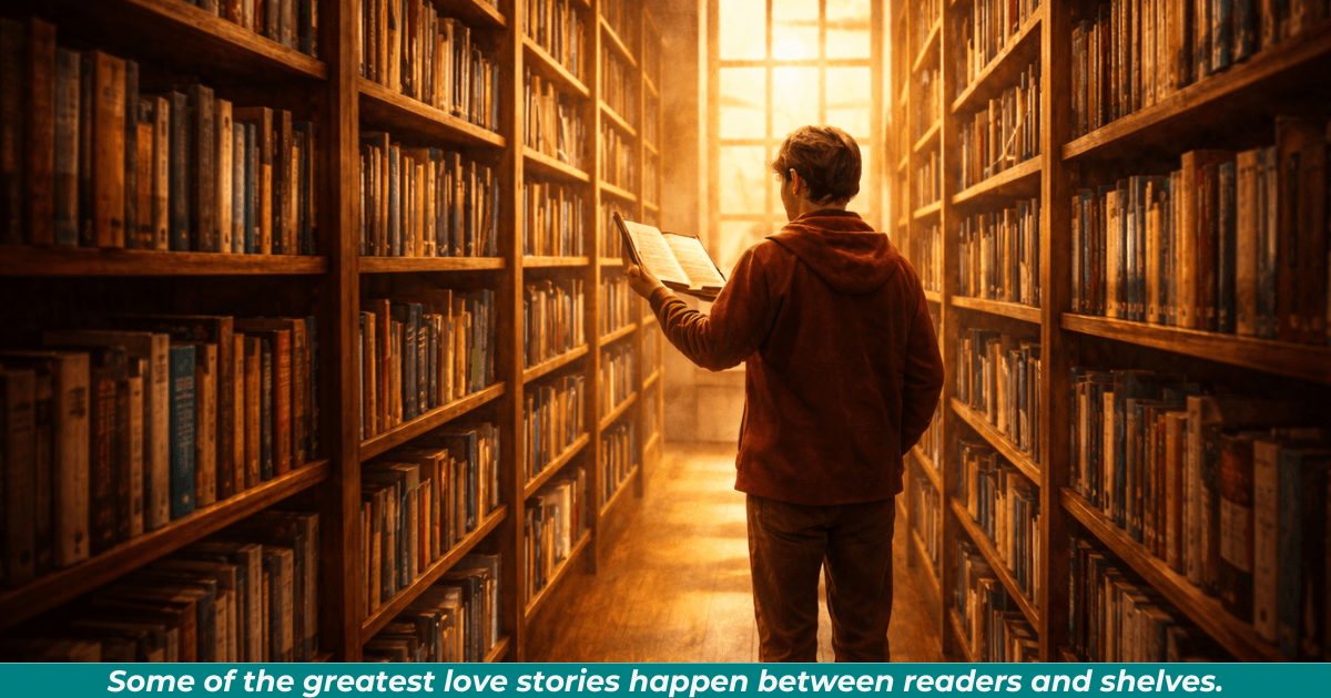 Sunlit library aisle with a reader browsing books.