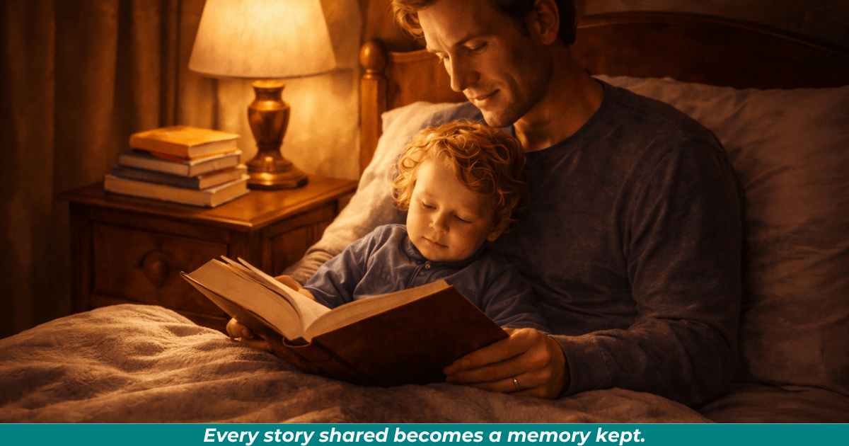 Father reading to his son at bedtime with books nearby.