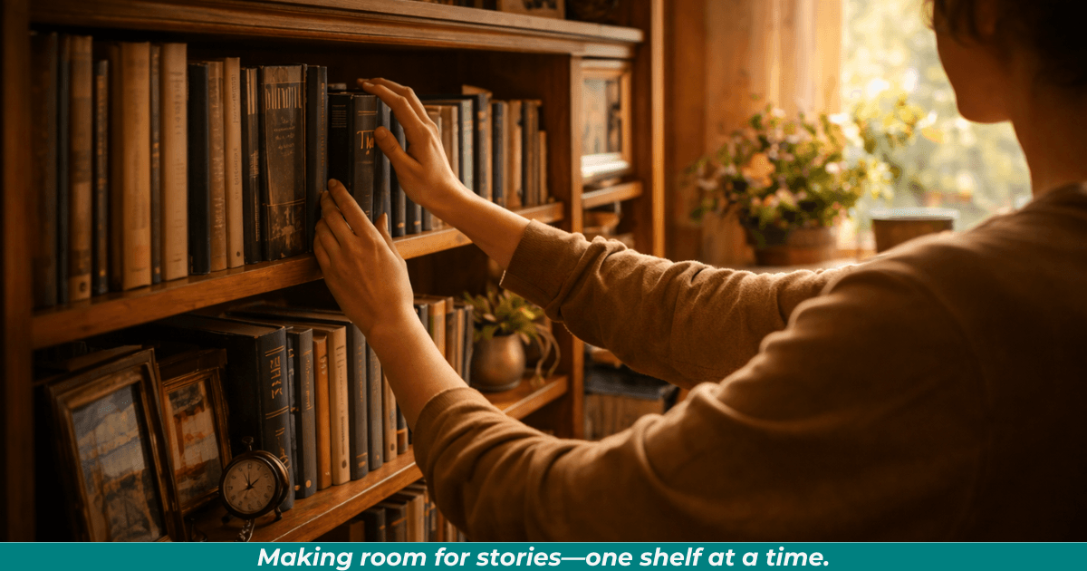 Person organizing books on a home bookshelf in warm natural light.
