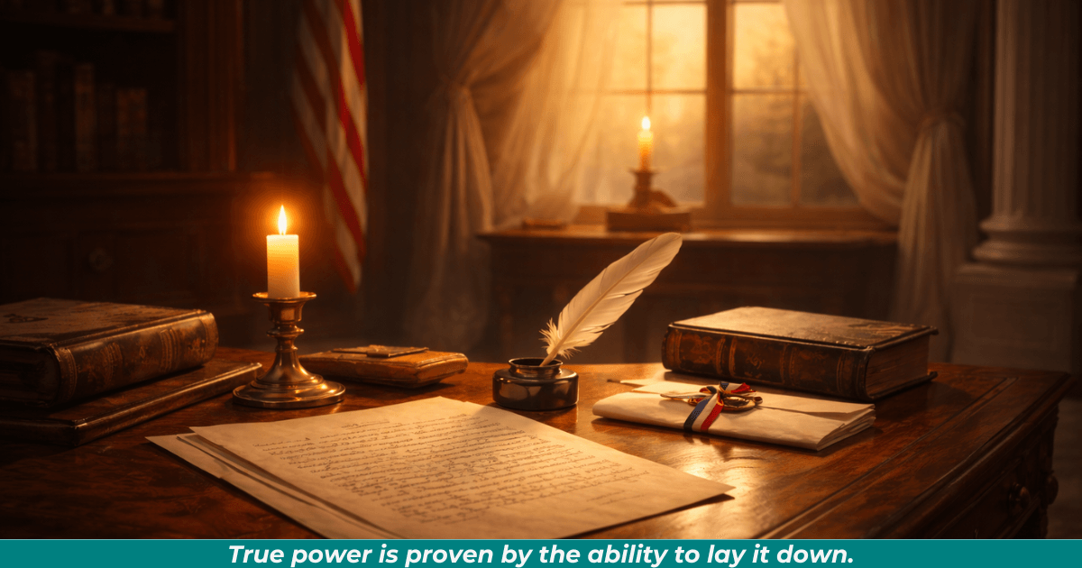 Early American presidential desk with papers and soft light, symbolizing Washington’s restrained leadership.
