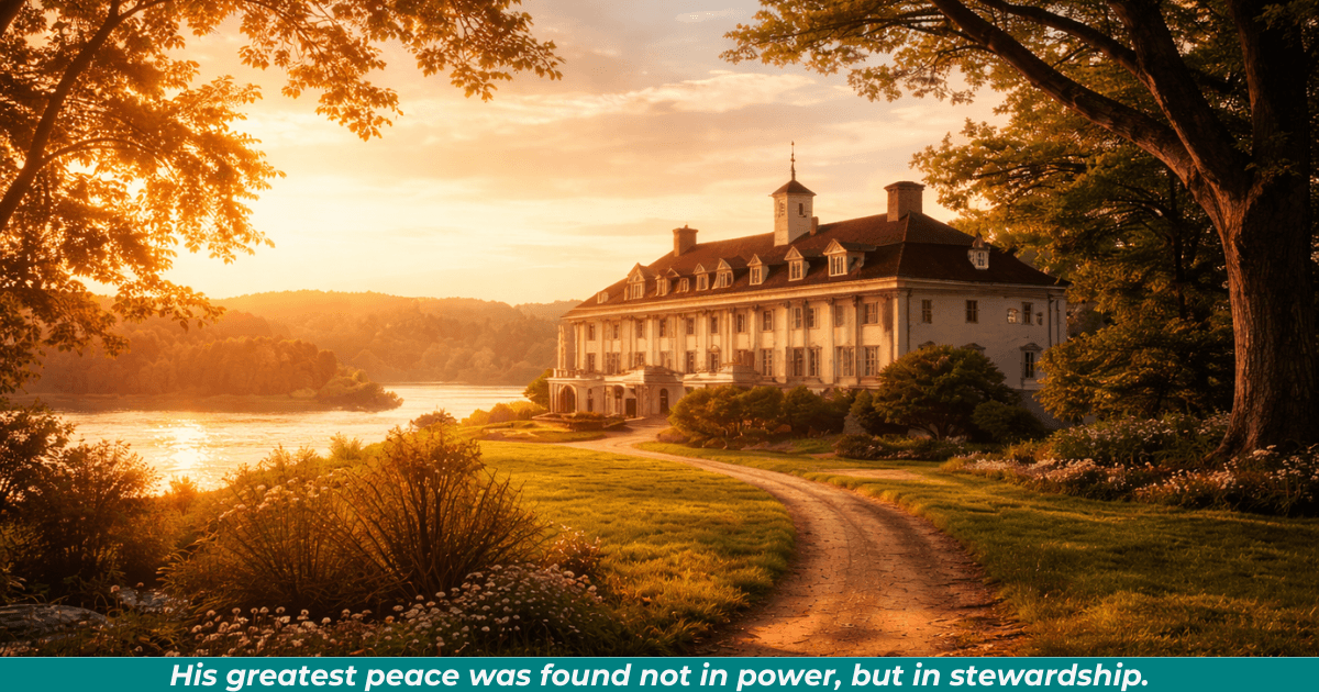 Sunlit estate landscape inspired by Mount Vernon, symbolizing Washington’s private life and stewardship.
