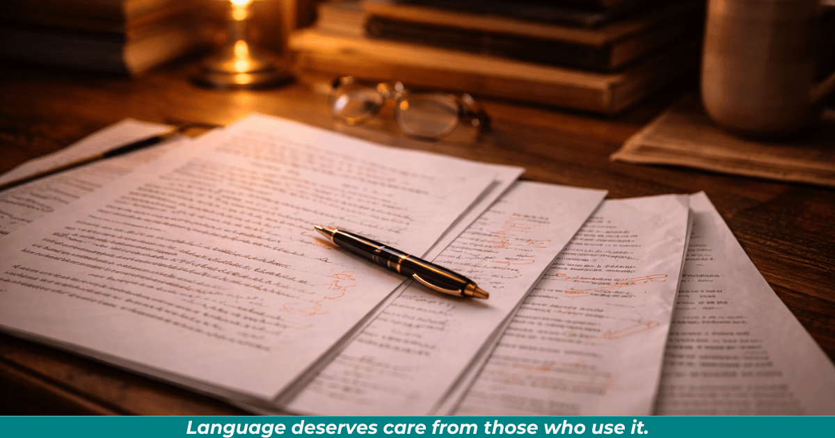 Marked manuscript with editorial notes symbolizing proofreading and respect for language.