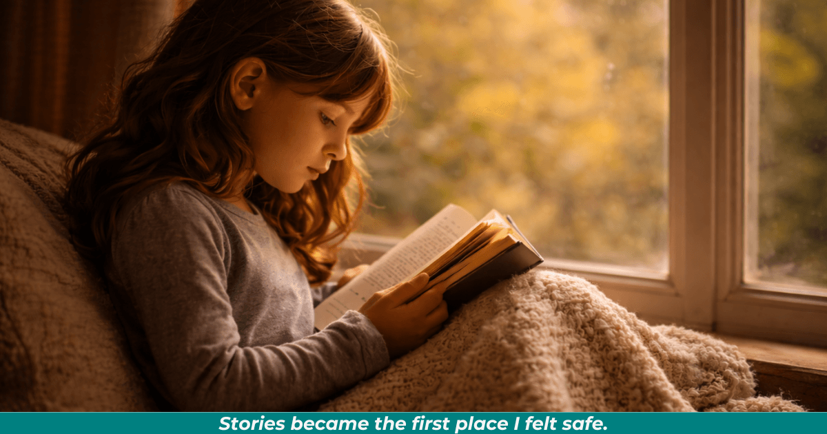 Young girl reading alone by window light symbolizing refuge found in books.