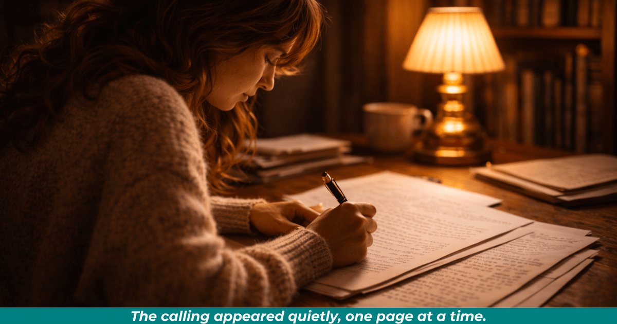 Woman writing manuscript symbolizing discovery of storytelling calling.