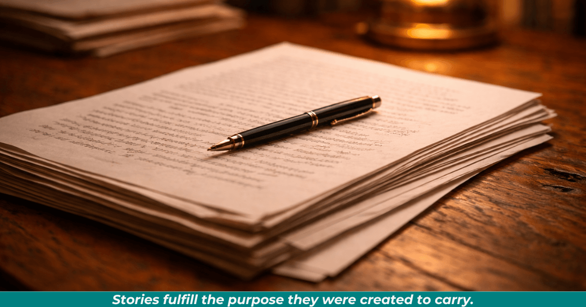 Completed manuscript beside pen symbolizing fulfillment of writing calling.