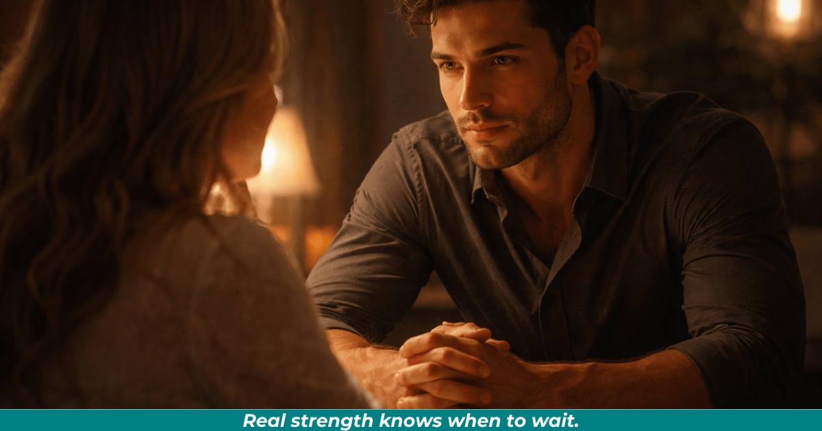 Man listening attentively to woman across table symbolizing restrained desire and emotional steadiness.