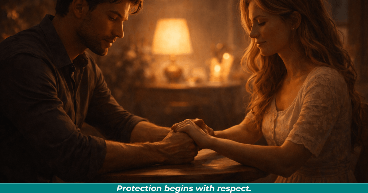 Man gently holding woman’s hand in warm lamplight symbolizing emotional protection and patience.