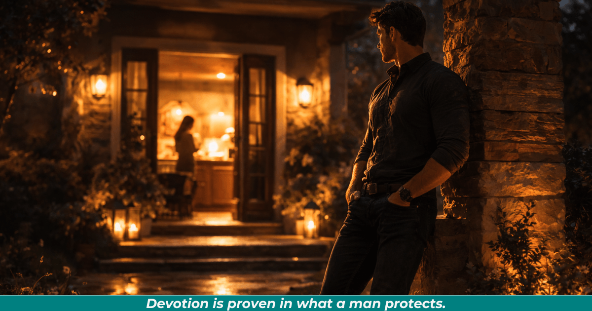 Man standing guard symbolizing steadfast romantic commitment.