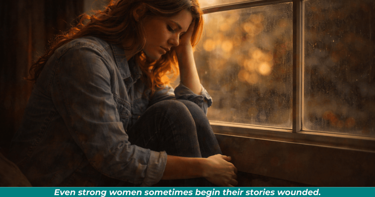 Woman sitting alone in thoughtful reflection symbolizing emotional wounds and personal reflection.