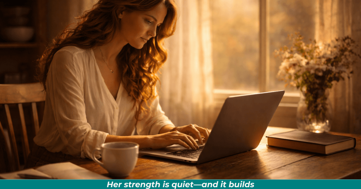 Woman working with quiet purpose in morning light symbolizing Proverbs 31 feminine strength.