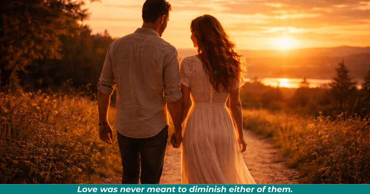 Couple walking side by side at sunset symbolizing partnership and complementary strength. 