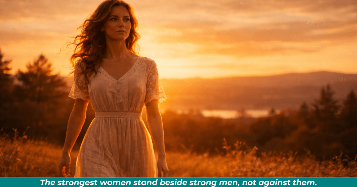 Confident woman walking forward in golden light symbolizing feminine strength and personal growth.