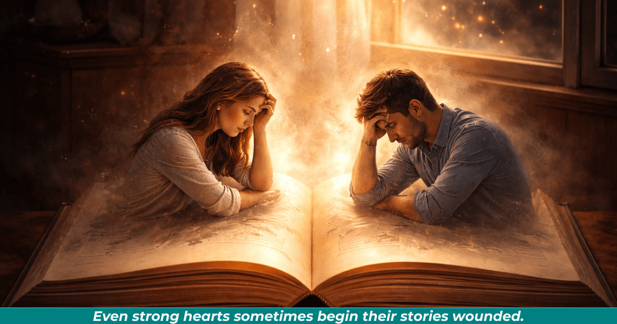 Open book showing couple rising off the pages. A wounded woman on one the left page and a wounded man on the right. The book represents the love story. The woman and man on separate pages represent their emotional distance. The spine represents the barrier they must cross to fulfill their love story.