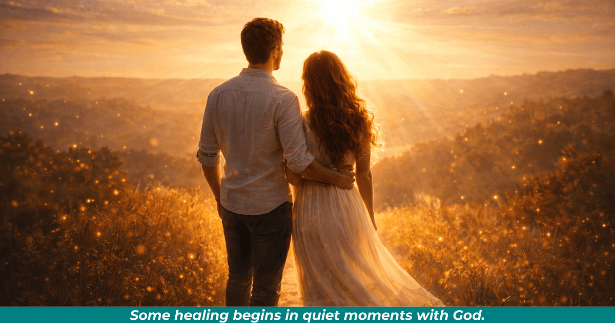 Couple standing together looking toward the sun. This represents the couple, now together (a partnership), looking to the sun (upward gaze of hope), which represents healing but also God.