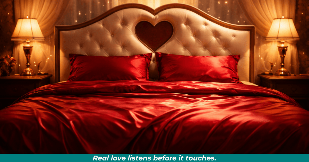 Bed with heart-shaped headboard and red satin bedding. A simple bed made in satin linens with the heart cutout conveys love, sex, and intimacy.