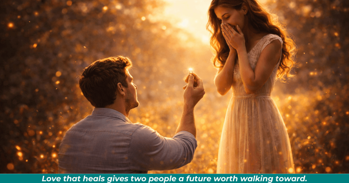 A man kneeling to propose with a ring box to the woman he loves represents the “happily ever after” endings my readers expect and is symbolic of commitment, future, promise, and the traditional romantic payoff.