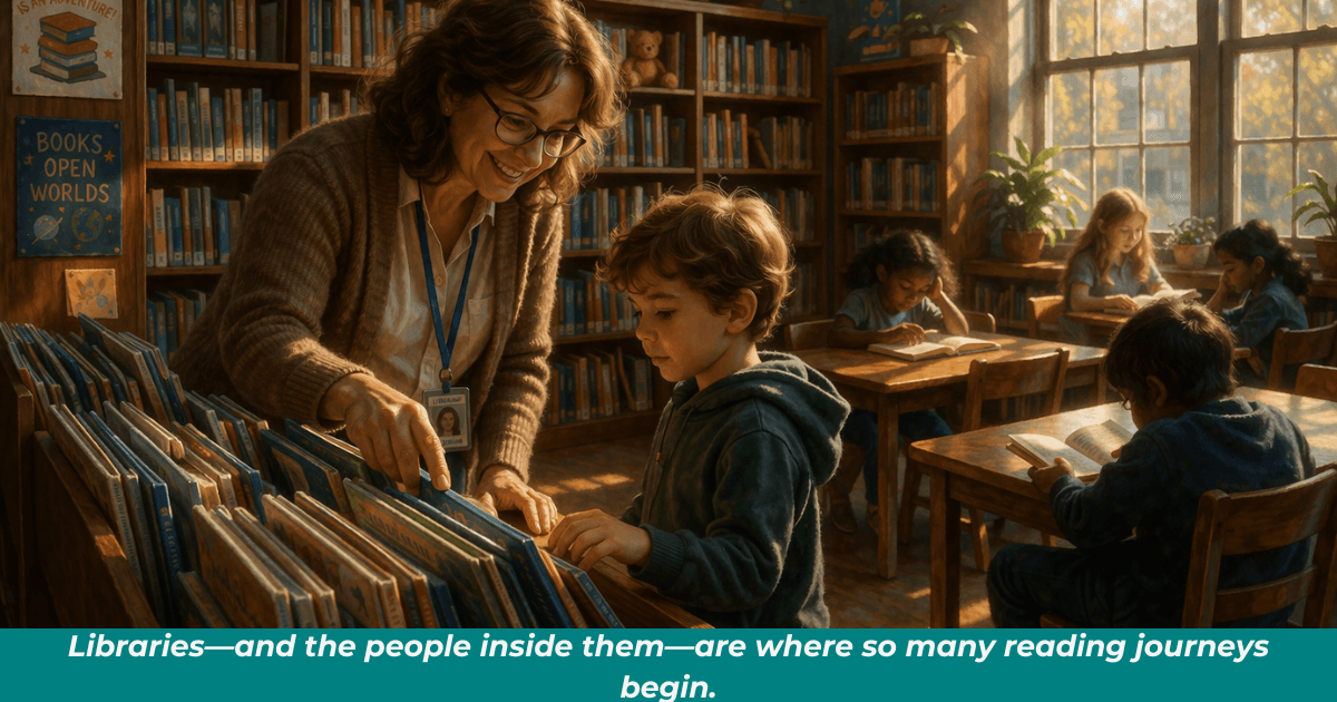 School library with librarian helping a child find a book.
