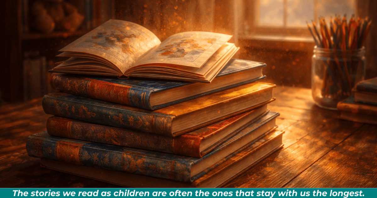 Stack of children’s picture books in warm lighting.
