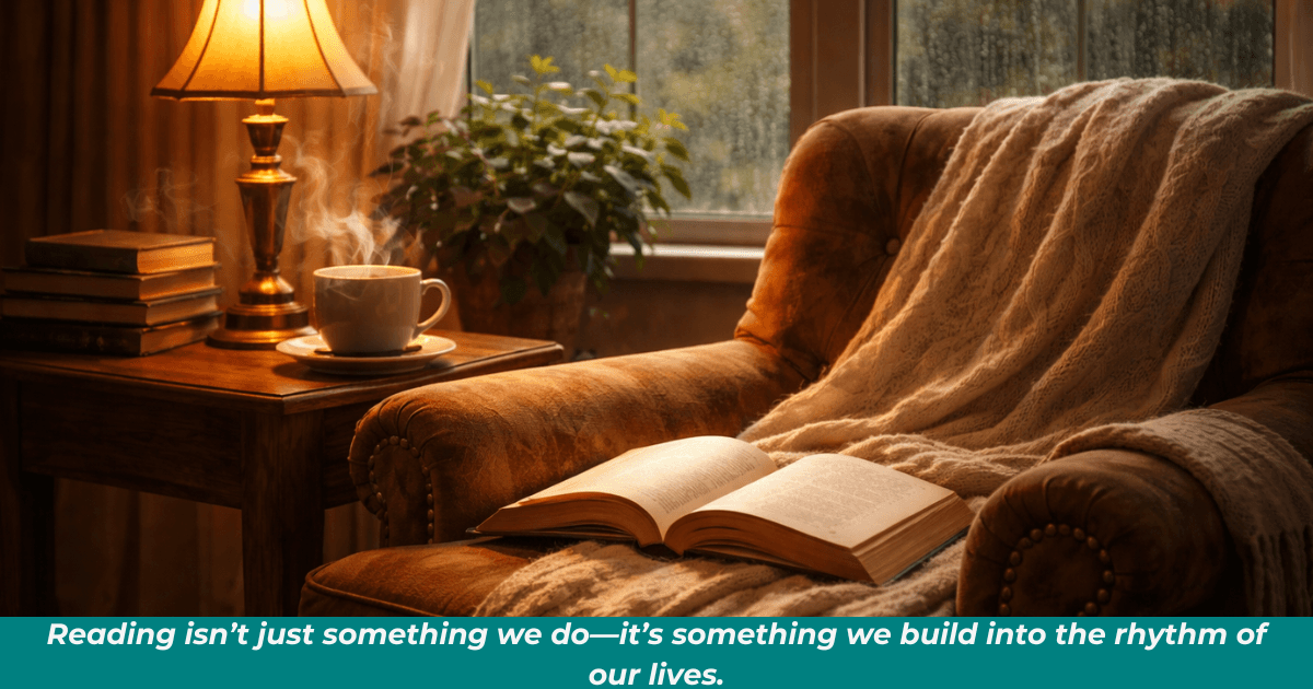 Cozy home reading nook with blanket and book by window.