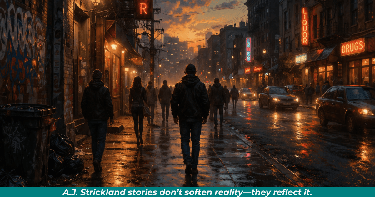 City street at dusk representing real-world life.