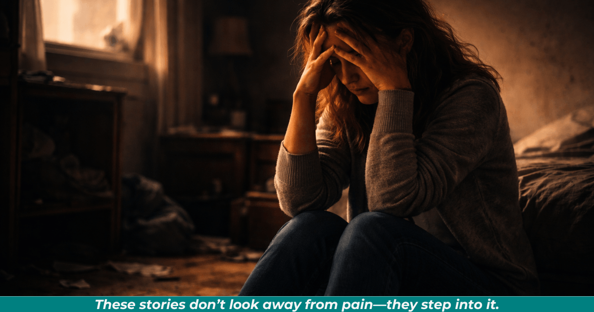 Woman sitting alone in shadow representing emotional struggle.