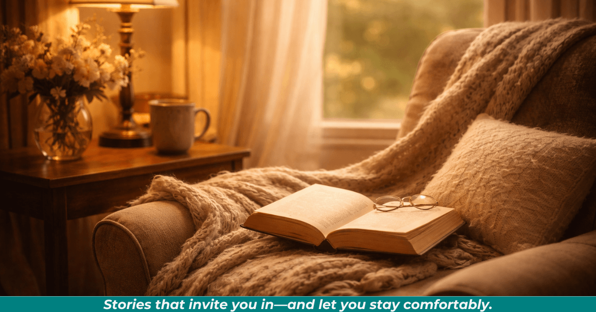 Cozy reading space representing safe and comforting stories. 