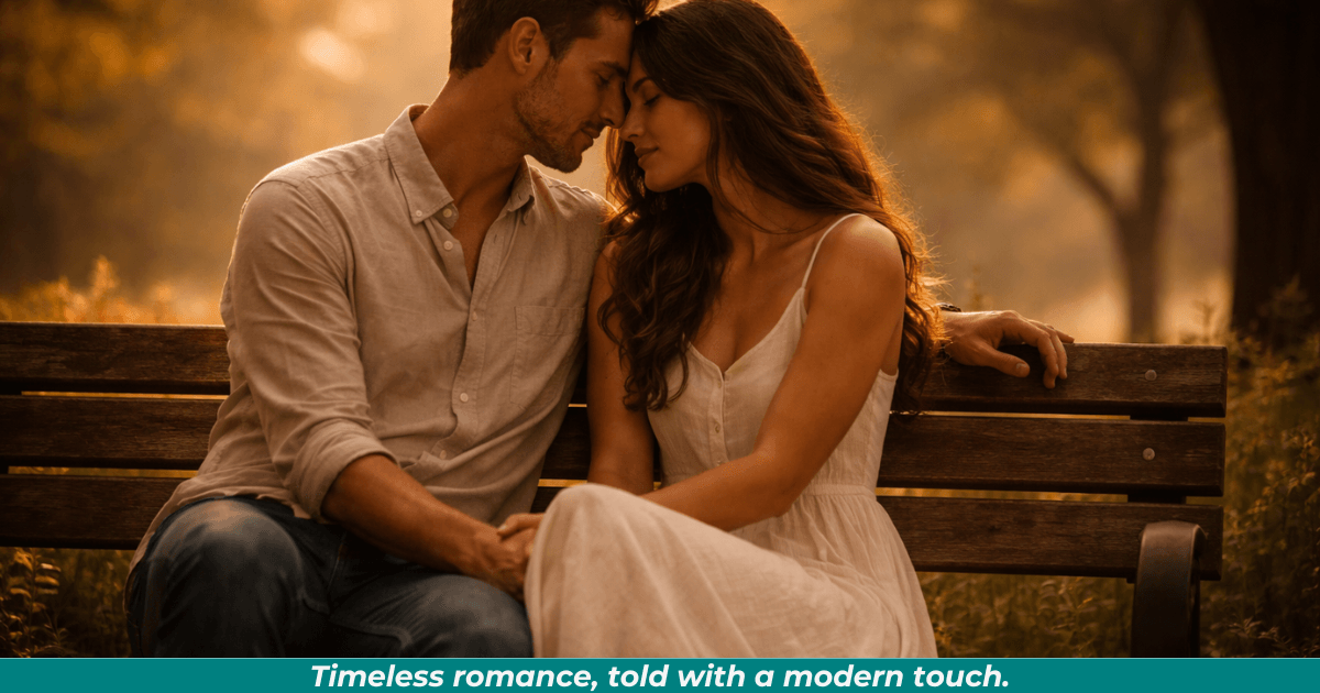 Couple sharing a quiet romantic moment on a bench. 