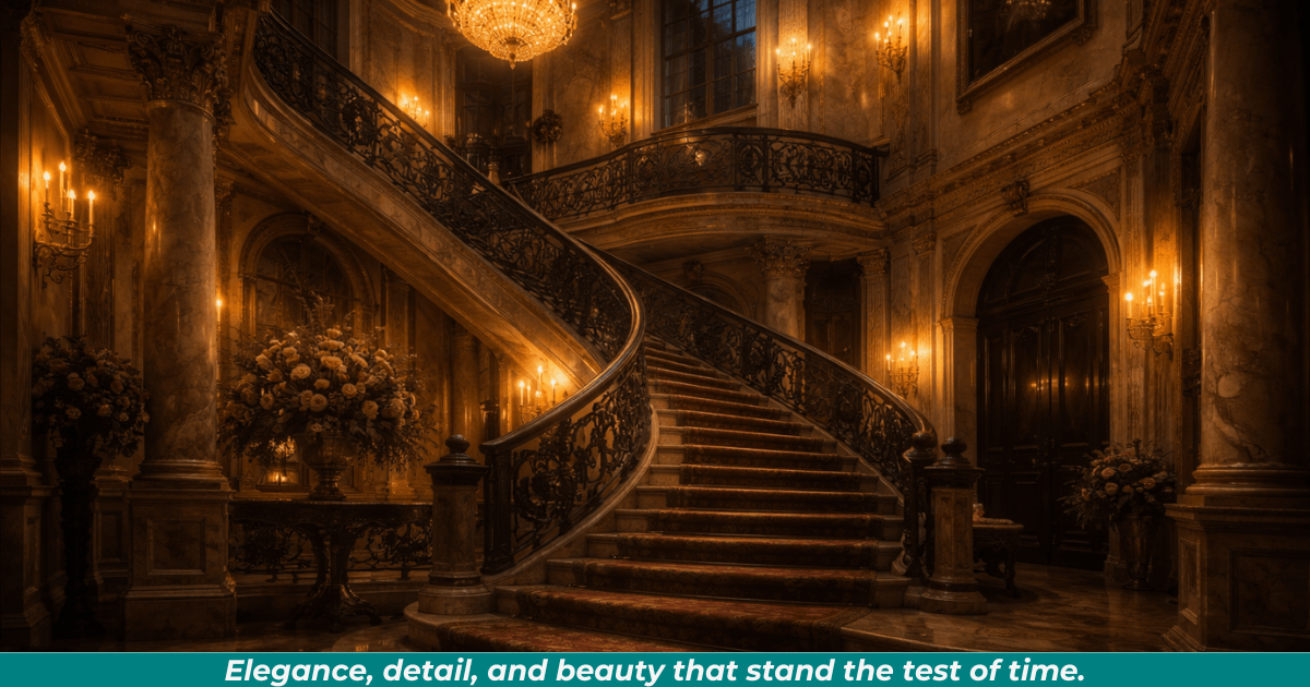 Elegant historic interior with staircase and chandelier. 