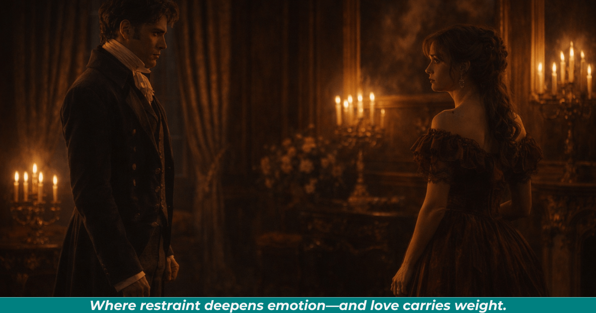 Couple in historical setting with emotional tension. 