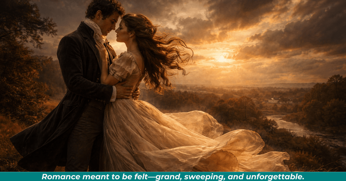 Couple in historical clothing in a dramatic outdoor setting. 