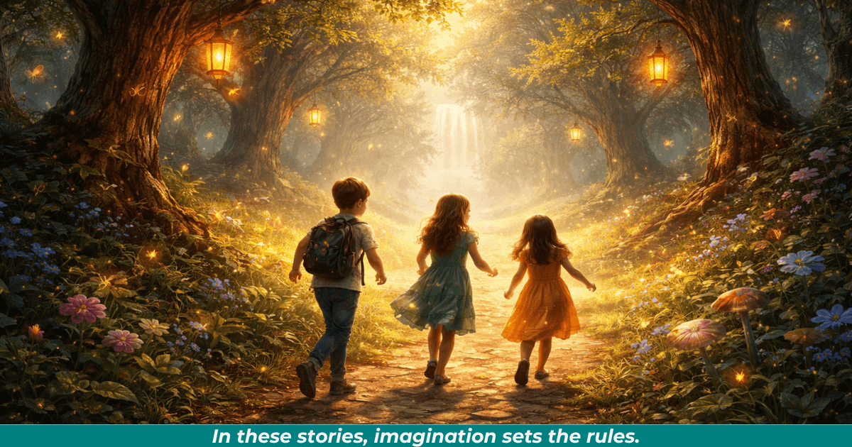 Children exploring a magical forest. 