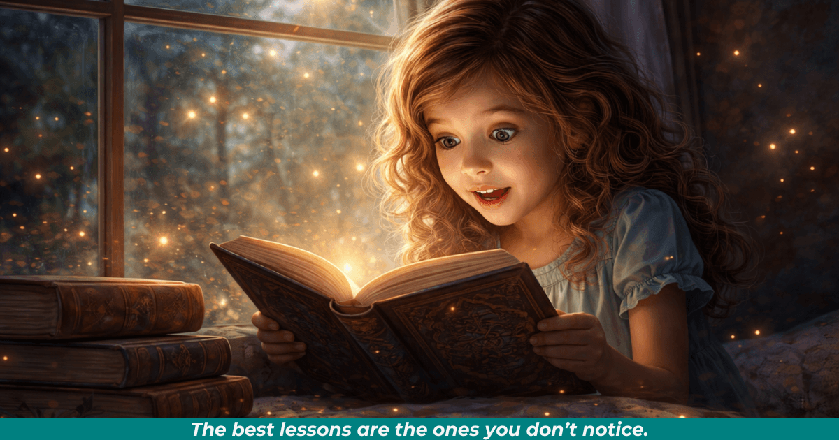 Child reading with curiosity and imagination. 