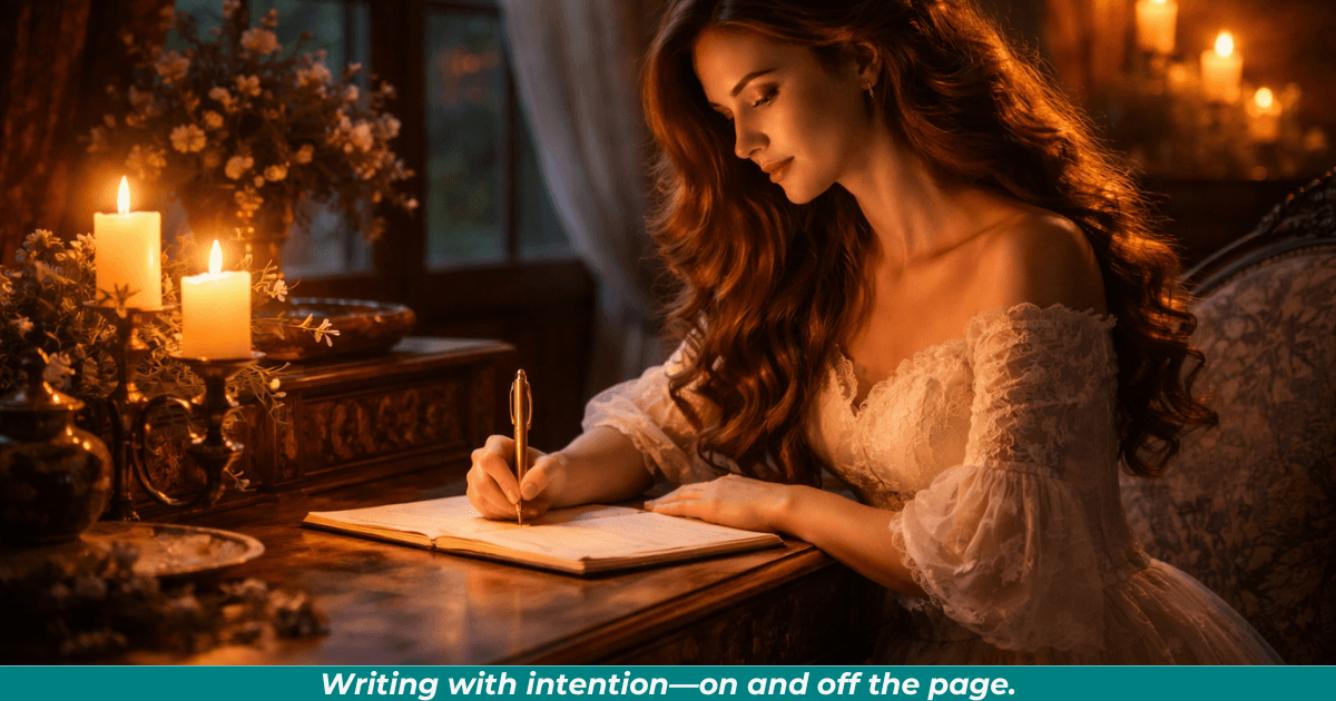 Woman writing at a desk representing identity in authorship.