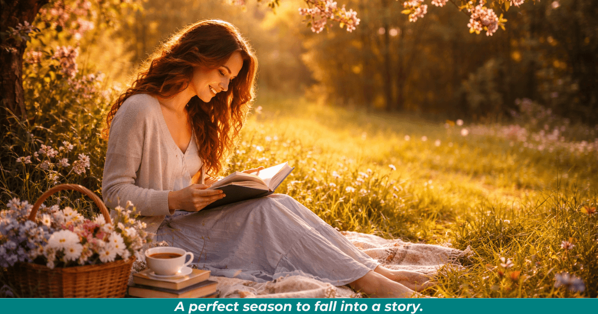 Woman reading outdoors in spring. 