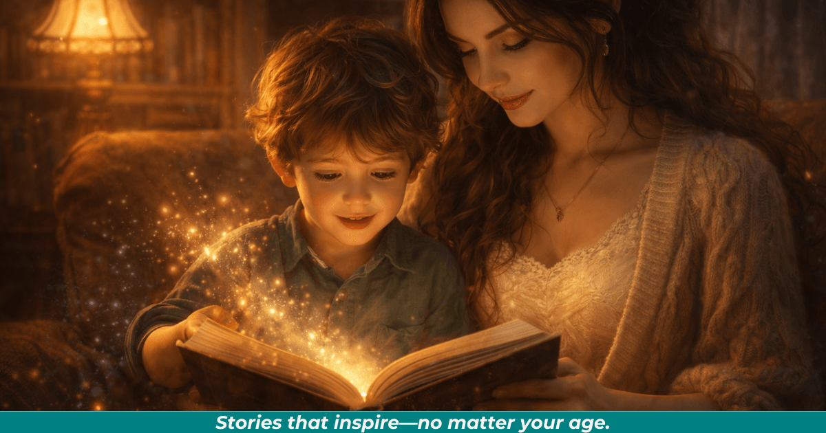 Little boy and his mother reading representing storytelling across ages. 